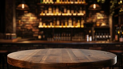 Empty wooden podium table on a blurred bar background for product display and presentation