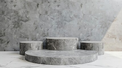Gray concrete stone podium stage advertising platform 3d background with empty pedestal product display placement