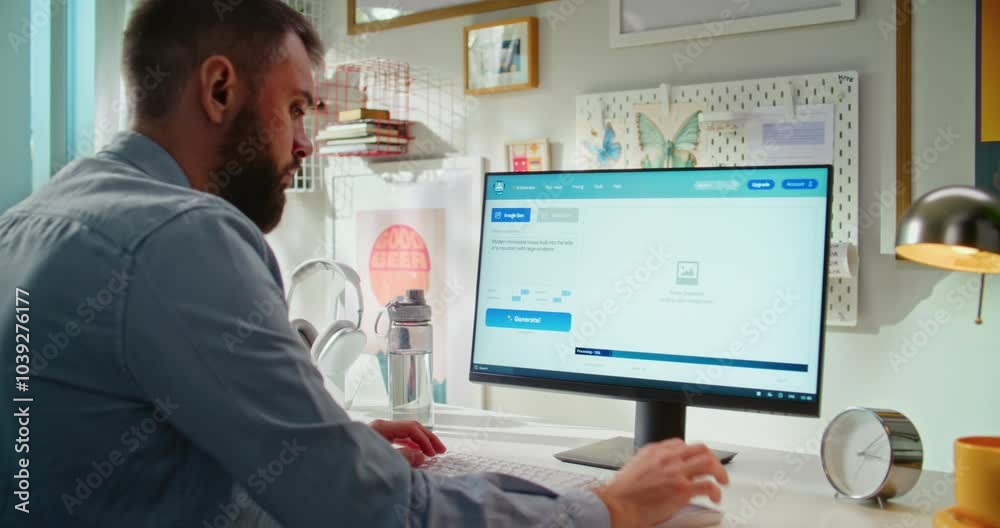 Poster adult man types text prompt in artificial intelligence software on personal computer. ai image gener