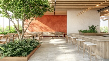 Modern Cafe Interior with Wood and Greenery