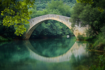 Graceful stone bridge arching over a calm river with a perfect reflection mirrored on the water