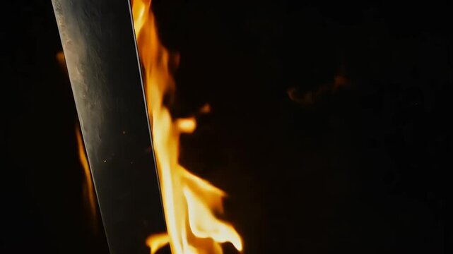 captivating 4K animation features flaming sword set dark background intense flames that crawl blade seamless looping display fire light abstract blast broadsword blaze blazing inferno