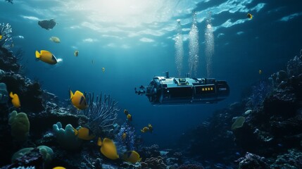 Fototapeta premium An underwater research station with deep-sea exploration robots, submersible lab studying marine biodiversity, Marine style