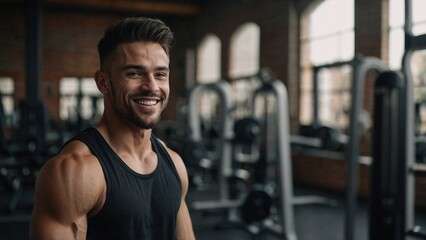 Fototapeta premium Portrait of a young gym male wearing a black top tank for mockup, Black top tank mockup, smiling looking straight in camera smiling, top tank mockup 