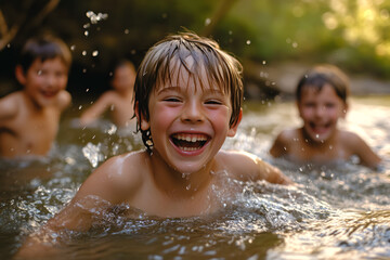 Obraz premium Joyful children playing in a shallow river, splashing water with laughter and smiles on a sunny day