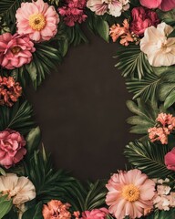 Fototapeta premium Floral Frame with Pink and White Flowers and Lush Green Leaves on a Dark Background