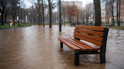 Flooded City Park, A Solitary Bench Submerged in Brown Water