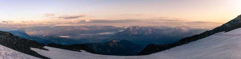 Morning view sunrise on alpien tops valley under dirty de Tête Rousse glacier, france normal wat...