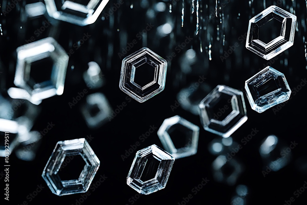 Poster abstract hexagonal crystals falling in a dark background.
