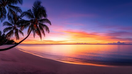 Fototapeta premium Tropical coastal sunset, glowing sky with shades of purple and orange, palm trees casting long silhouettes on the beach, peaceful vacation mood