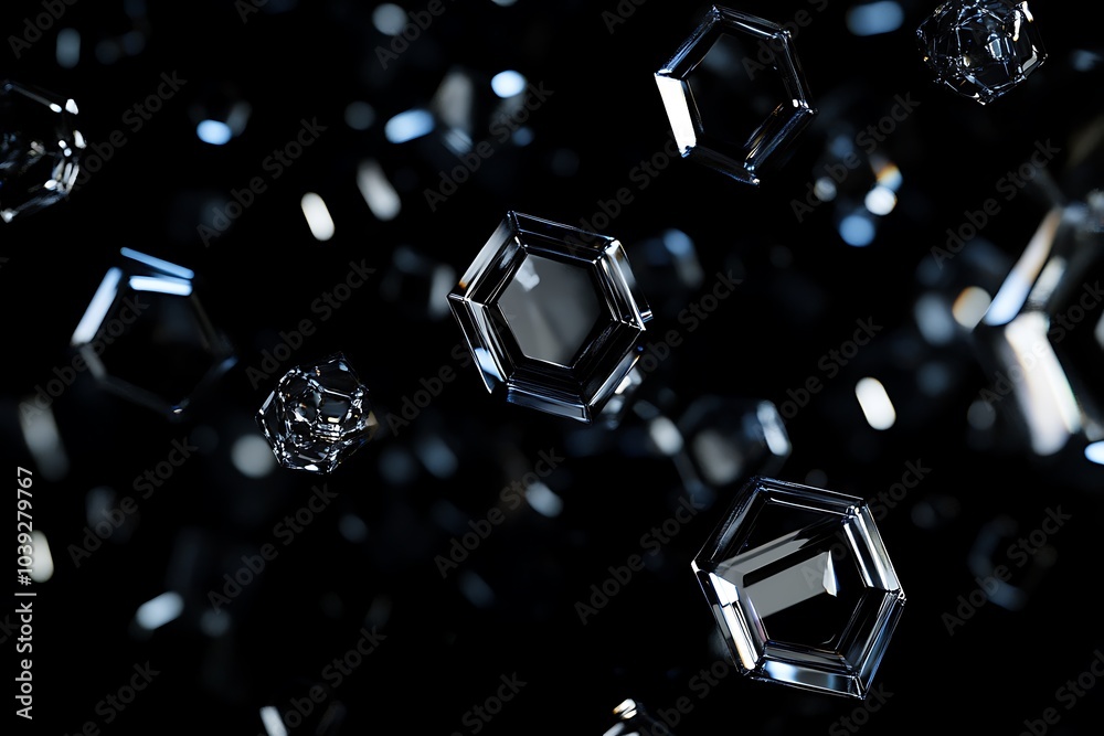 Poster Abstract background with floating hexagonal crystals on a dark background.