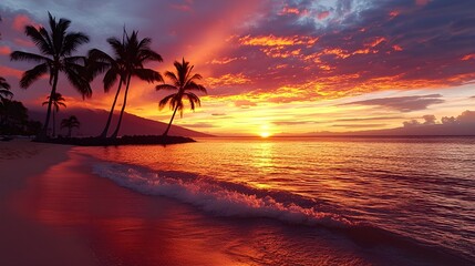 A tropical paradise sunset, glowing red and yellow hues, palm trees forming perfect silhouettes, gentle waves crashing on the shoreline