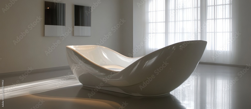 Poster Modern white bathtub in a minimalist bathroom with large windows.