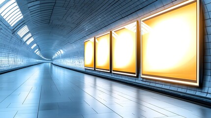 Dimly lit underground walkway with three prominent 6-sheet lightbox displays, ready to be filled with creative advertisement visuals for maximum impact