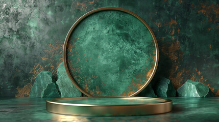 Luxury Elegant Marble Podium with Green and Gold Background for Product Display