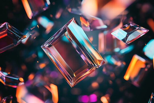 Abstract background with colorful iridescent rectangular glass shards floating in mid-air.