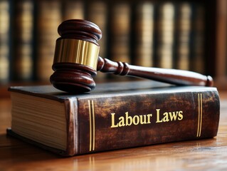 Wooden gavel resting on top of labour law book