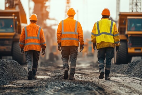 Three construction workers wearing safety gear walking at construction site