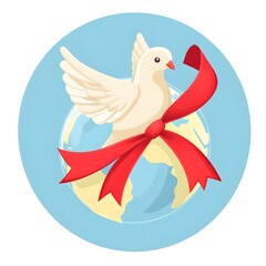 dove holding a red ribbon in its beak