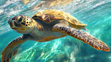 Fototapeta premium A close-up shot of a sea turtle gliding gracefully through the clear blue ocean. The turtle textured shell is illuminated by beams of sunlight from the surface, with soft waves in the background