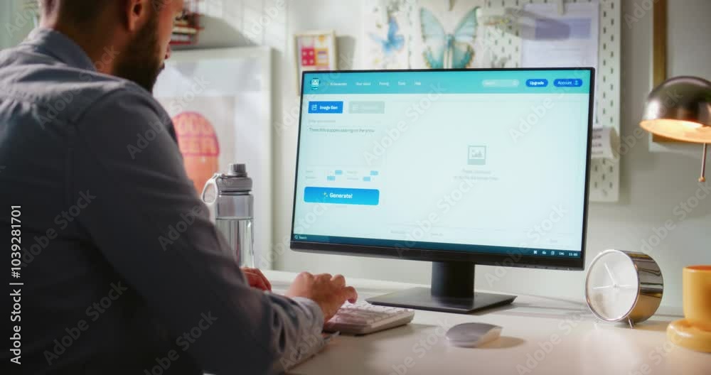 Poster adult man enters prompt in artificial intelligence chatbot using computer. ai image generator create