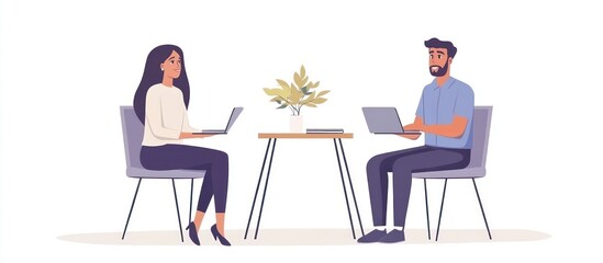 Two people working at a table with laptops.