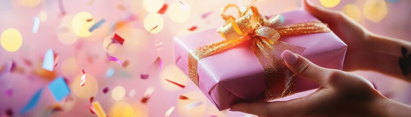 A person is holding a pink gift box with a gold ribbon