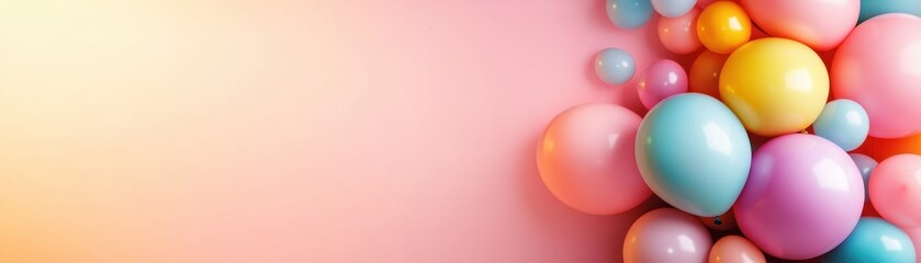 A colorful balloon bouquet with a pink background