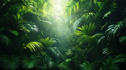 Lush green jungle with vibrant foliage and soft light filtering through.