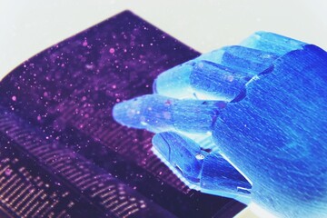 Humanoid robot reading a book in a library, robot, humanoid, artificial intelligence, technology, futuristic