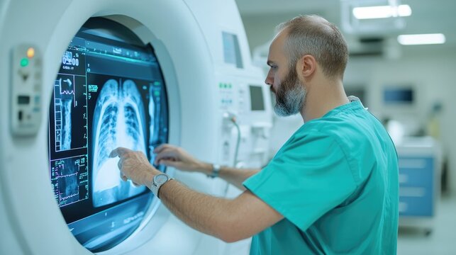 A healthcare professional adjusting the settings on an X ray machine before conducting a thoracic radiographic examination