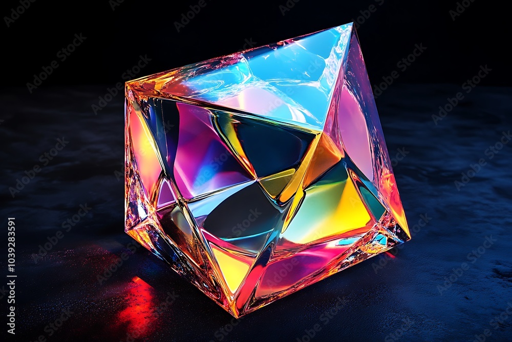 Poster a colorful, iridescent, faceted, geometric glass crystal with sharp edges and a glossy surface, cast