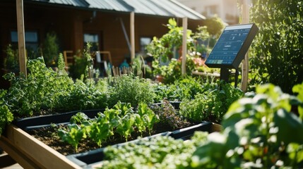 An urban rooftop garden with automated watering systems and a digital weather monitoring station, Smart gardening theme, Eco-friendly style