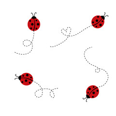 Obraz premium Ladybugs flying on dotted route icon set isolate on transparent background.