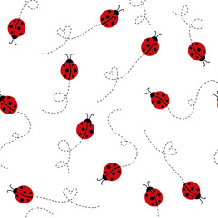 Ladybugs flying on dotted route seamless pattern isolate on transparent background.