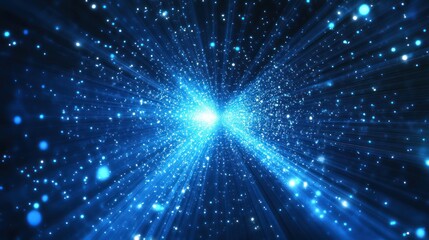 Fototapeta premium A vibrant blue cosmic scene with light rays and particles, evoking a sense of depth and energy.