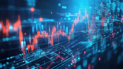 Abstract digital representation of data trends and analytics in a technological context.