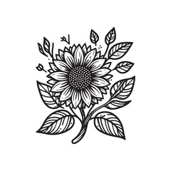 Hand-drawn set of sunflowers, flat minimalist black and white coloring page illustration of flower, adults and children vector sketch