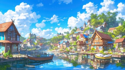 Fototapeta premium Illustration of scenic village of the edge of a lake. Anime style