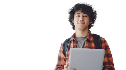 Obraz premium portrait of a young man holding a laptop isolated on transparent background, junior software engineer cut out