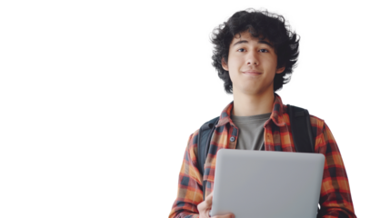 portrait of a young man holding a laptop isolated on transparent background, junior software engineer cut out