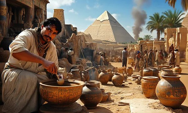 A craftsman shapes pottery near the pyramids in ancient Egypt.