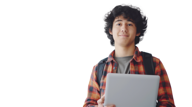 portrait of a young man holding a laptop isolated on transparent background, junior software engineer cut out