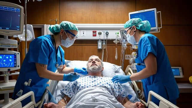 Two medical workers treat a patient with severe respiratory illness in an ICU. They focus on the life-supporting equipment and medical professionals' diligence.