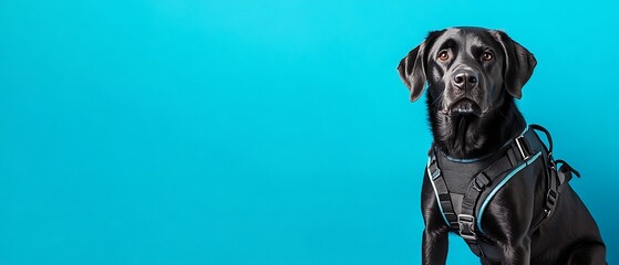 A bold representation of a guide dog wearing a harness, isolated on a vibrant cyan background with room available for custom content on the side