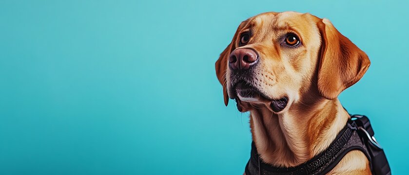 A bold representation of a guide dog wearing a harness, isolated on a vibrant cyan background with room available for custom content on the side