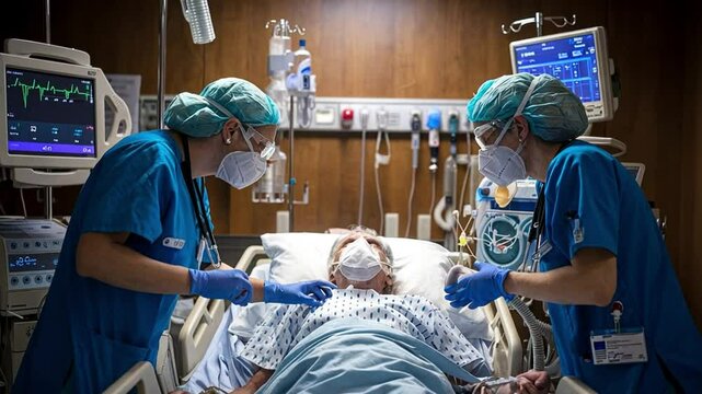 Two medical workers treat a patient with severe respiratory illness in an ICU. They focus on the life-supporting equipment and medical professionals' diligence.