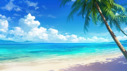 Illustration of Beautiful tropical beach with coconut palm leaves. Seascape background. Anime style