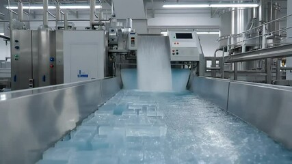 An industrial ice plant, with automated systems freezing water into blocks, conveyor belts moving ice slabs, and machines slicing ice into cubes.
