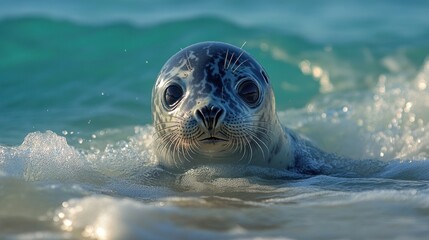 A close-up of a seal emerging from the ocean waves.